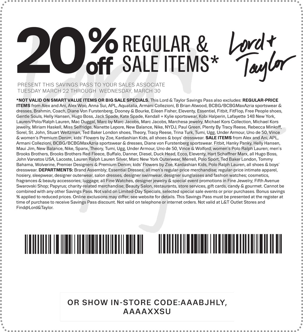 Lord & Taylor Coupon April 2024 20% off at Lord & Taylor, or online via promo code BIG