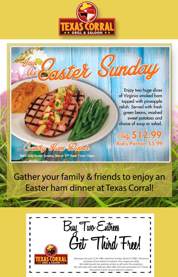 Texas Corral Coupon March 2024 Third entree free Sunday at Texas Corral grill & saloon