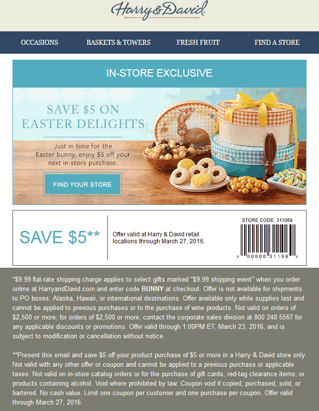 Harry & David Coupon March 2024 $5 off any order at Harry & David gift baskets