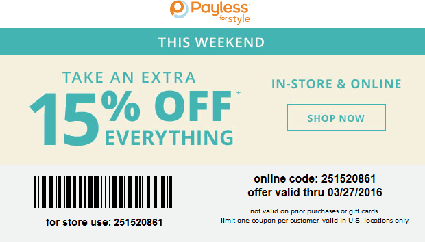 Payless Shoesource Coupon April 2024 15% off everything at Payless Shoesource, or online via promo code 251520861