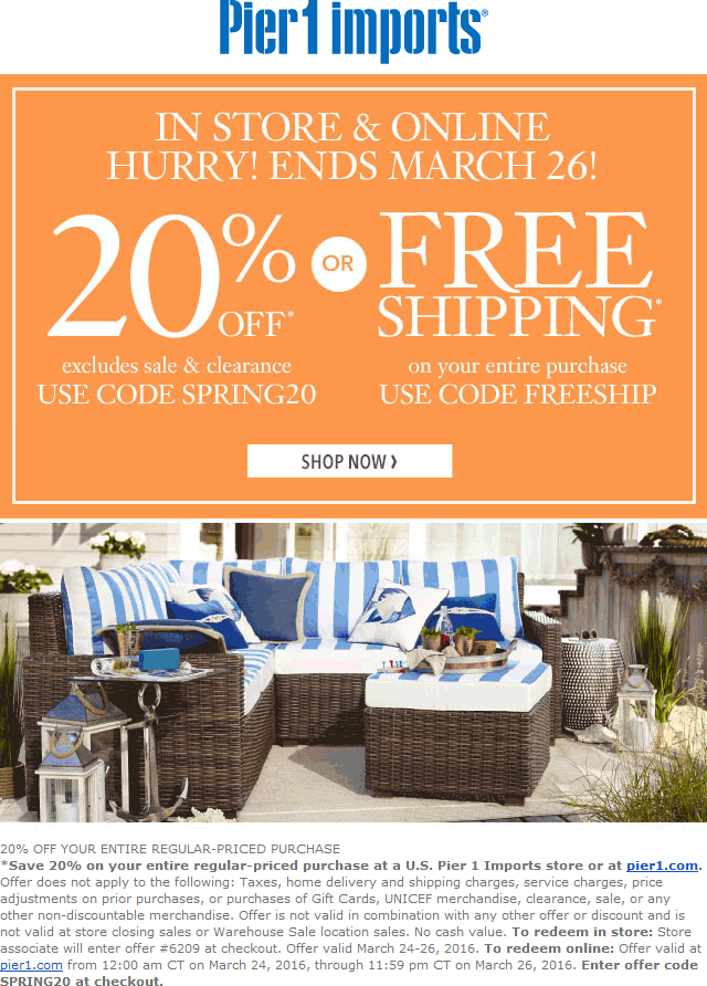 Pier 1 Coupon April 2024 20% off at Pier 1 Imports, or online via promo code SPRING20