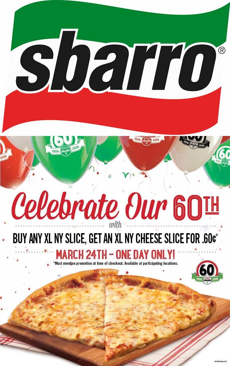 Sbarro Coupon April 2024 Second slice for .60 cents today at Sbarro pizza