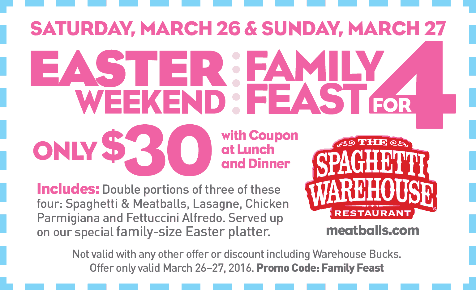 Spaghetti Warehouse Coupon April 2024 Family feast for 4 = $30 this weekend at Spaghetti Warehouse