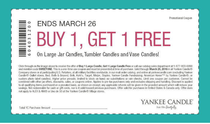 Yankee Candle Coupon April 2024 Second candle free at Yankee Candle, or online via promo code SWEETONE