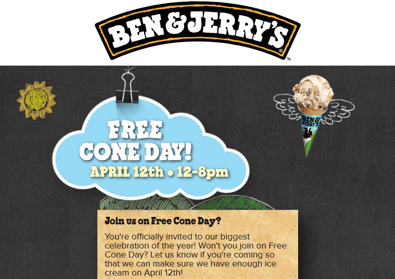 Ben & Jerrys Coupon April 2024 Free ice cream cone the 12th at Ben & Jerrys