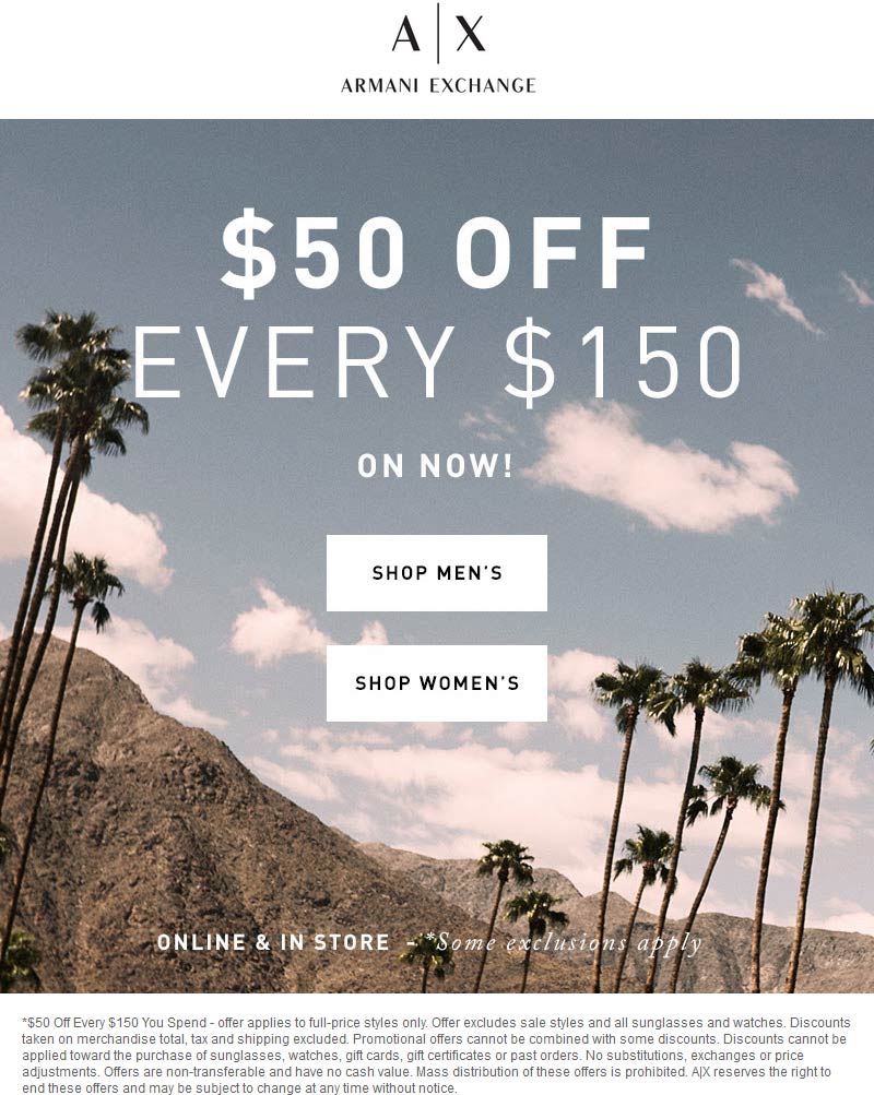 Armani Exchange Coupon March 2024 $50 off every $150 at Armani Exchange, ditto online