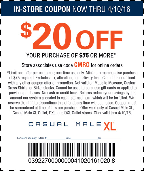 Casual Male XL Coupon April 2024 $20 off $75 at Casual Male XL, or online via promo code CMRG