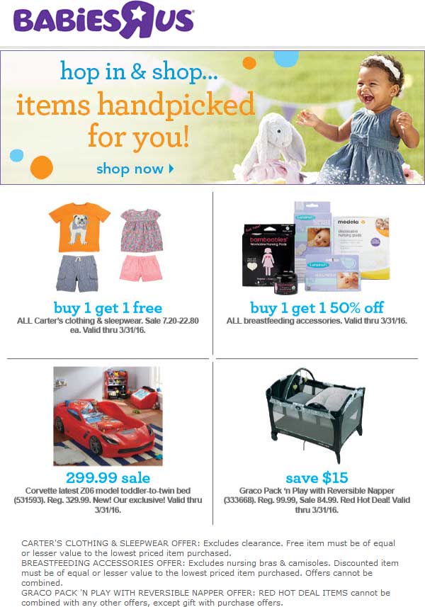 Babies R Us Coupon March 2024 2-for-1 on Carters kidswear & more at Babies R Us