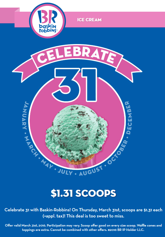 Baskin Robbins Coupon May 2024 $1.31 ice cream scoops Thursday at Baskin Robbins
