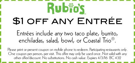 Rubios Coupon March 2024 Shave a buck off an entree at Rubios Mexican restaurants