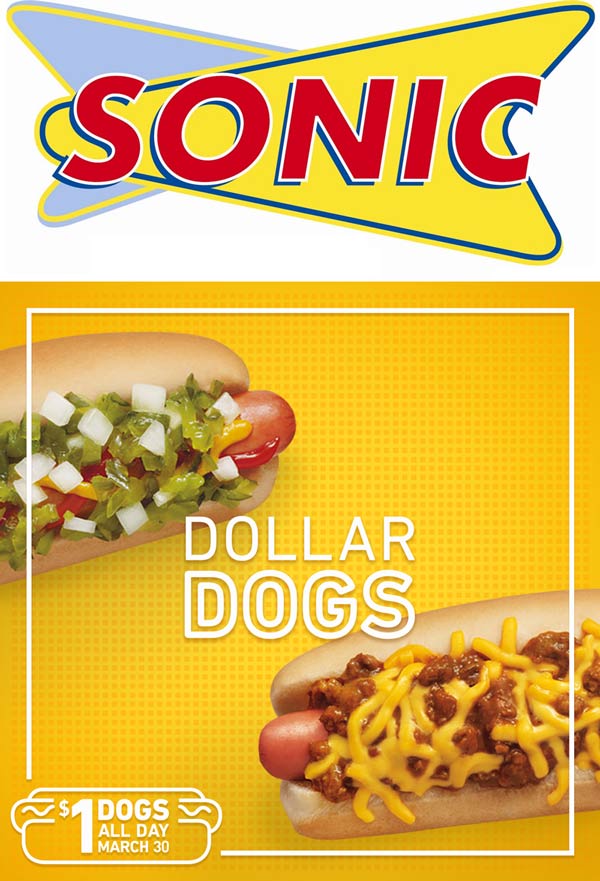 Sonic Drive-In Coupon April 2024 $1 hot dogs Wednesday at Sonic Drive-In