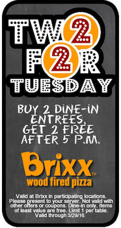 Brixx Coupon April 2024 4-for-2 on entrees after 5pm today at Brixx wood fired pizza