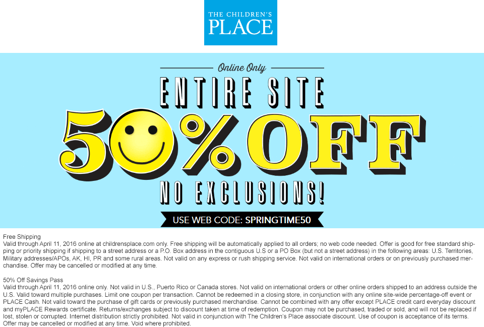 The Childrens Place Coupon April 2024 50% off everything online + free shipping at The Childrens Place