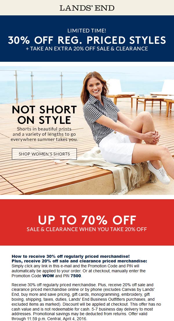 Lands End Coupon April 2024 30% off at Lands End, or online via promo code WOW and pin 7500