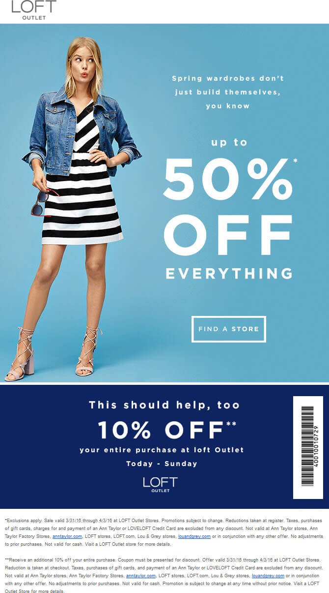 LOFT Outlet Coupon March 2024 Extra 10-50% off at LOFT Outlet