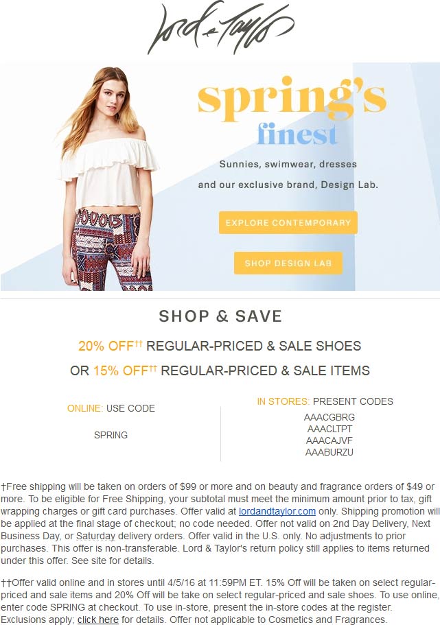 Lord & Taylor Coupon April 2024 15-20% off at Lord & Taylor, or online via promo code SPRING
