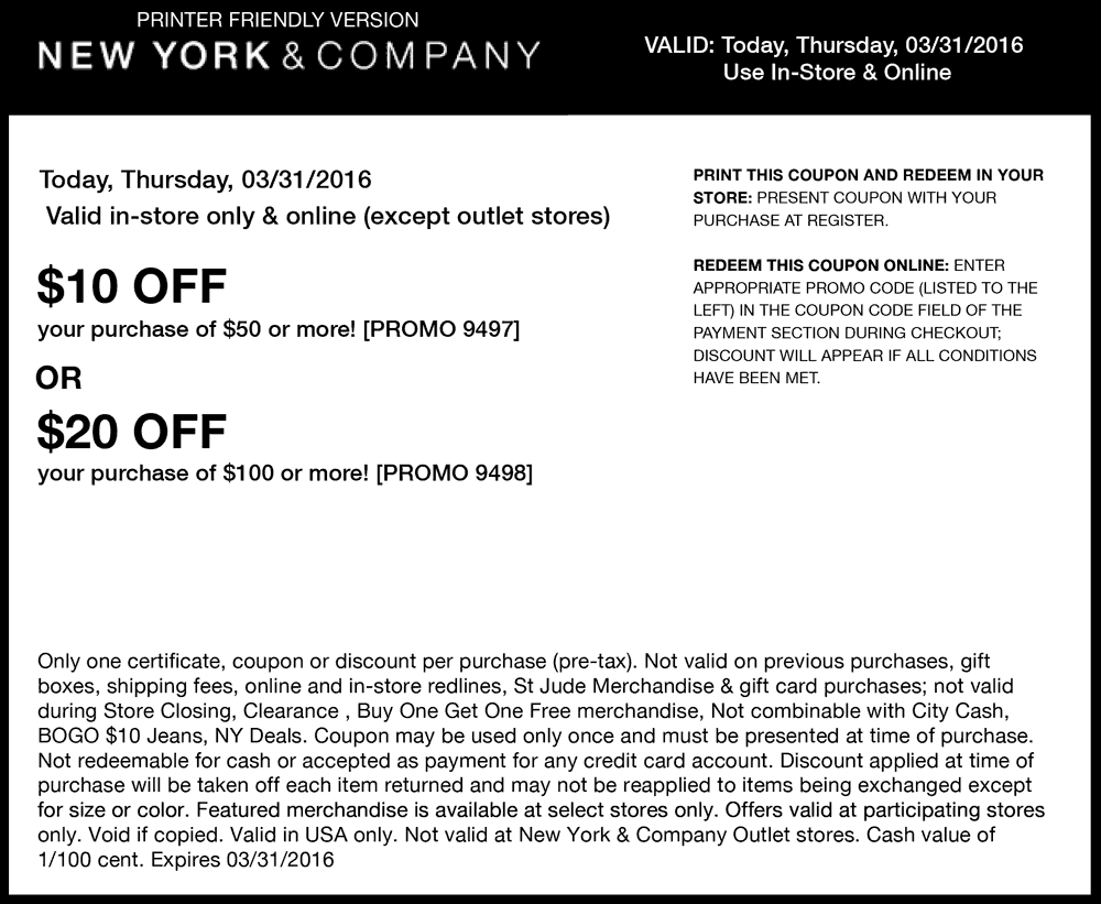New York & Company Coupon March 2024 $10 off $50 & more today at New York & Company, or online via promo code 9497