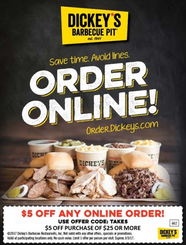 Dickeys Barbecue Pit Coupon April 2024 $5 off online orders at Dickeys Barbecue Pit via promo code TAKE5
