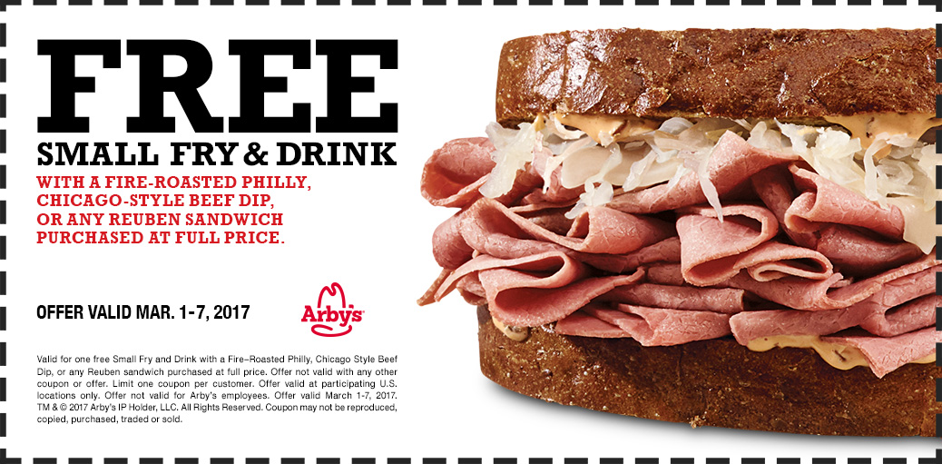 Arbys Coupon April 2024 Free fries & drink with your beef dip at Arbys