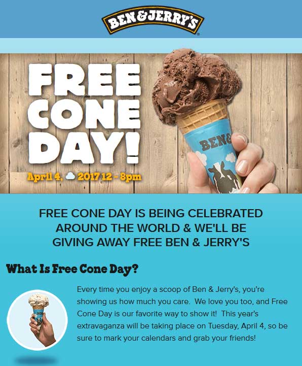 Ben & Jerrys Coupon April 2024 Free ice cream cone April 4th at Ben & Jerrys