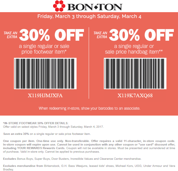 Bon Ton Coupon March 2024 30% off a single footwear or handbag at Bon Ton