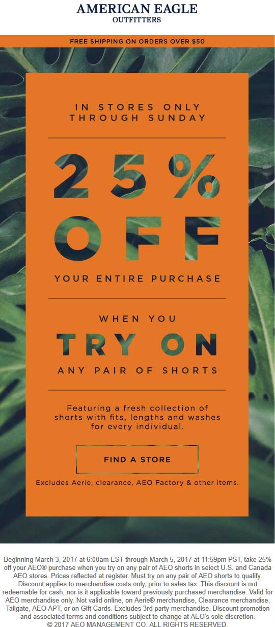 American Eagle Outfitters Coupon April 2024 25% off everything at American Eagle Outfitters