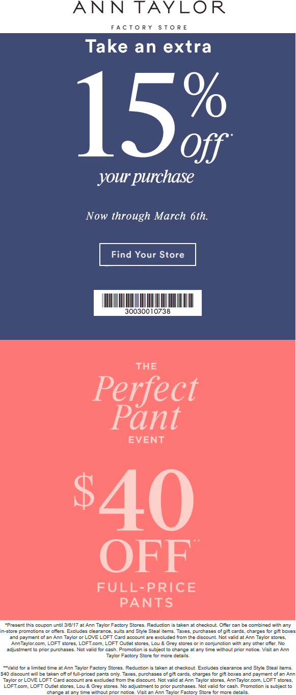 Ann Taylor Factory Coupon April 2024 Extra 15% off & more at Ann Taylor Factory