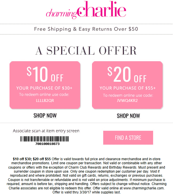 Charming Charlie Coupon April 2024 $10 off $30 & more at Charming Charlie, or online via promo code LLLL82QR