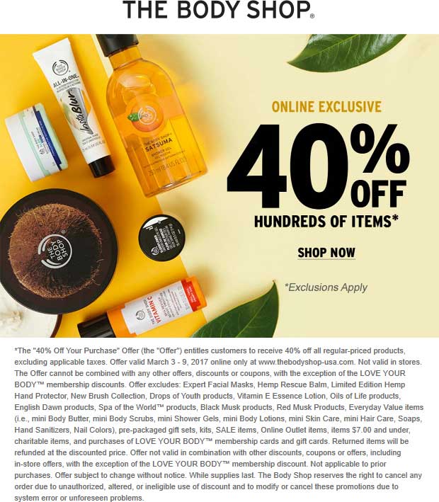 The Body Shop Coupon April 2024 40% off online at The Body Shop, no code needed