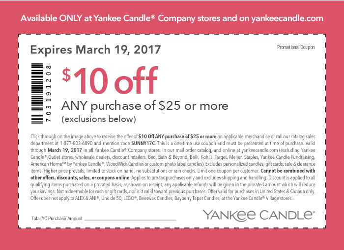 Yankee Candle Coupon April 2024 $10 off $25 at Yankee Candle, or online via promo code SUNNY17C