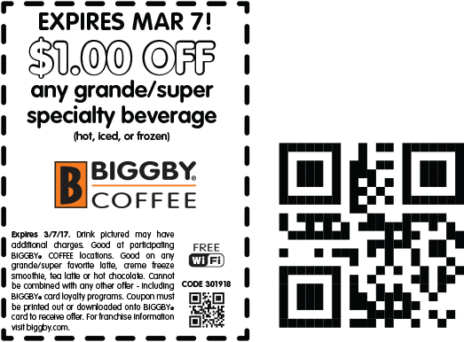Biggby Coffee Coupon April 2024 Shave a buck off your grande at Biggby Coffee