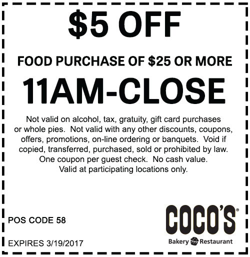 Cocos Coupon April 2024 $5 off $25 at Cocos bakery restaurant