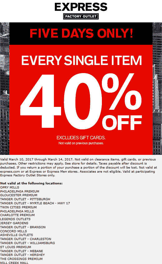 Express Factory Outlet Coupon April 2024 Extra 40% off everything at Express Factory Outlet
