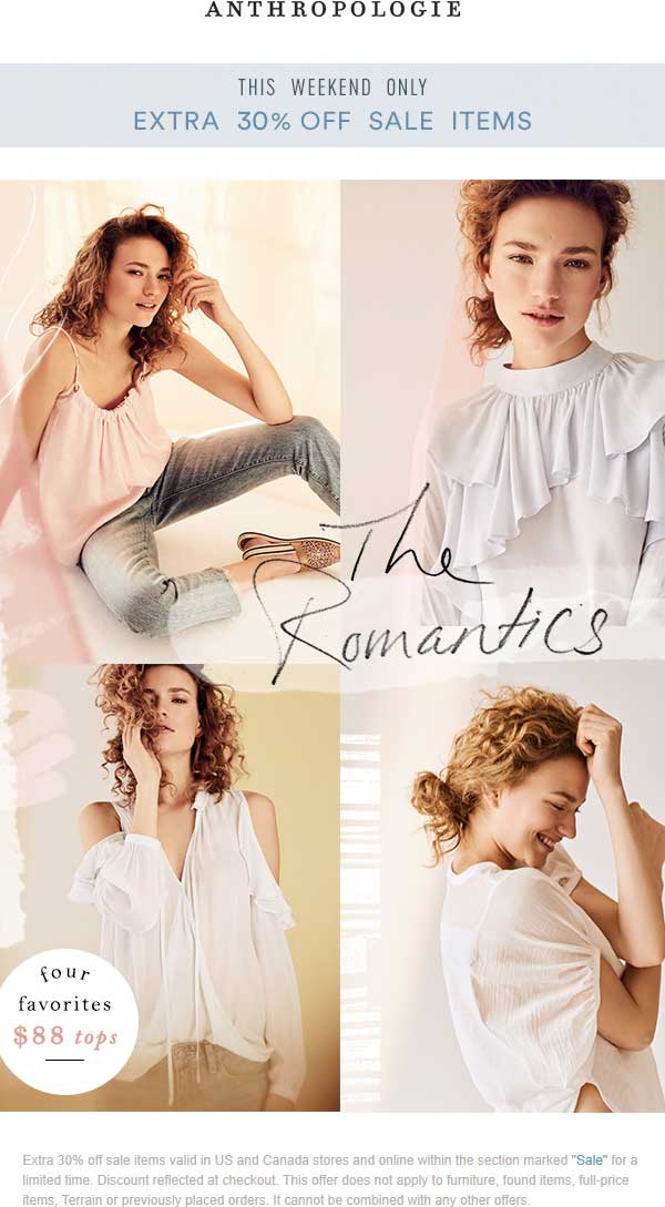 Anthropologie Coupon April 2024 Extra 30% off sale items at Anthropologie, ditto online