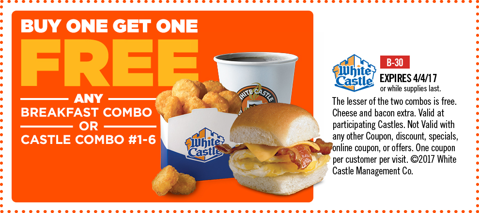 White Castle Coupon April 2024 Second castle combo or breakfast free at White Castle
