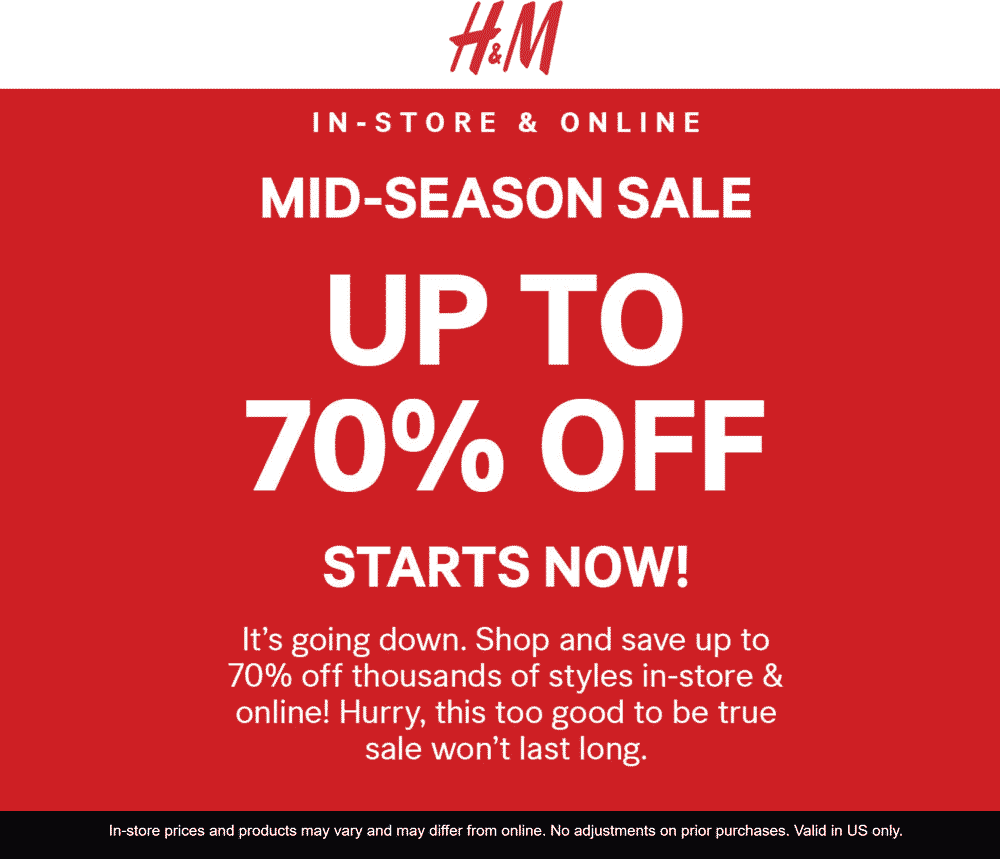 H&M Coupon April 2024 70% off sale going on at H&M, ditto online