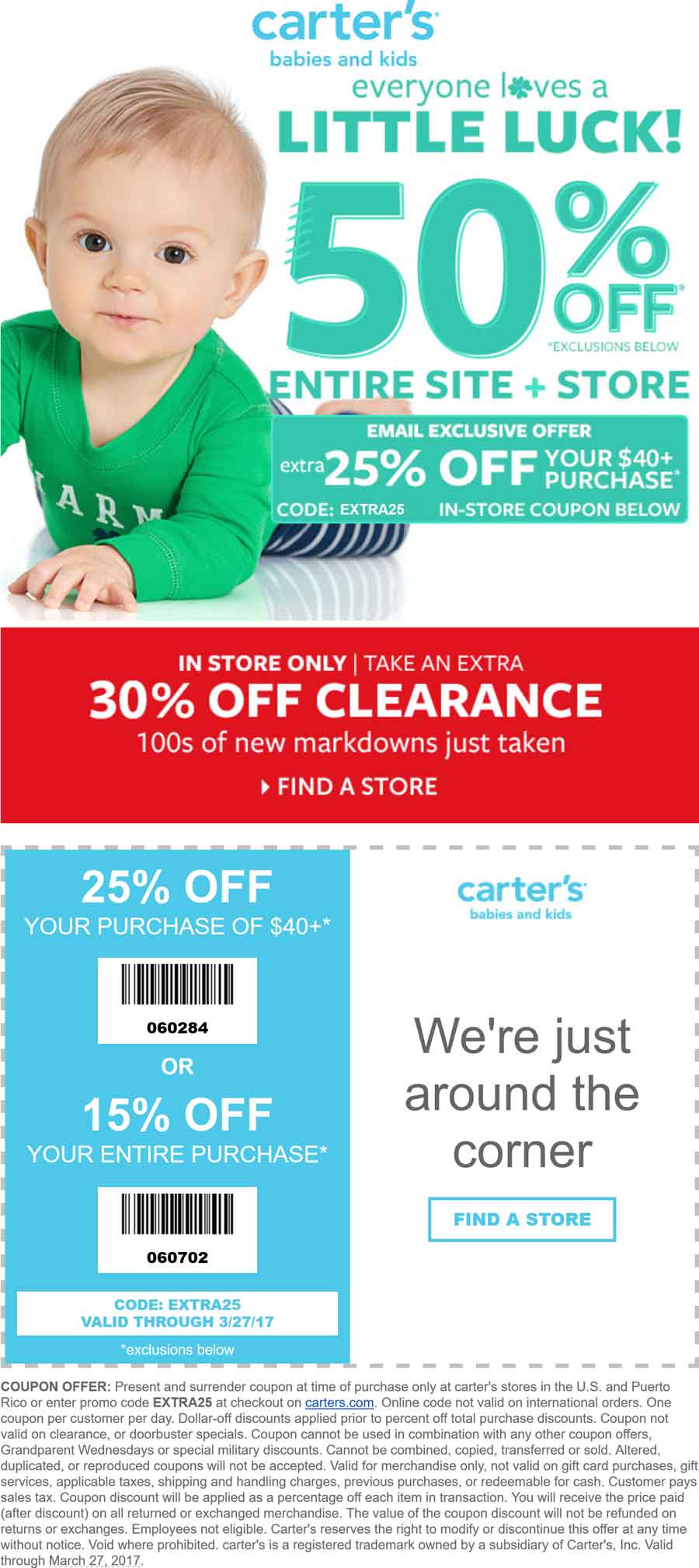 Carters Coupon April 2024 50-75% off everything at Carters, or online via promo code EXTRA25