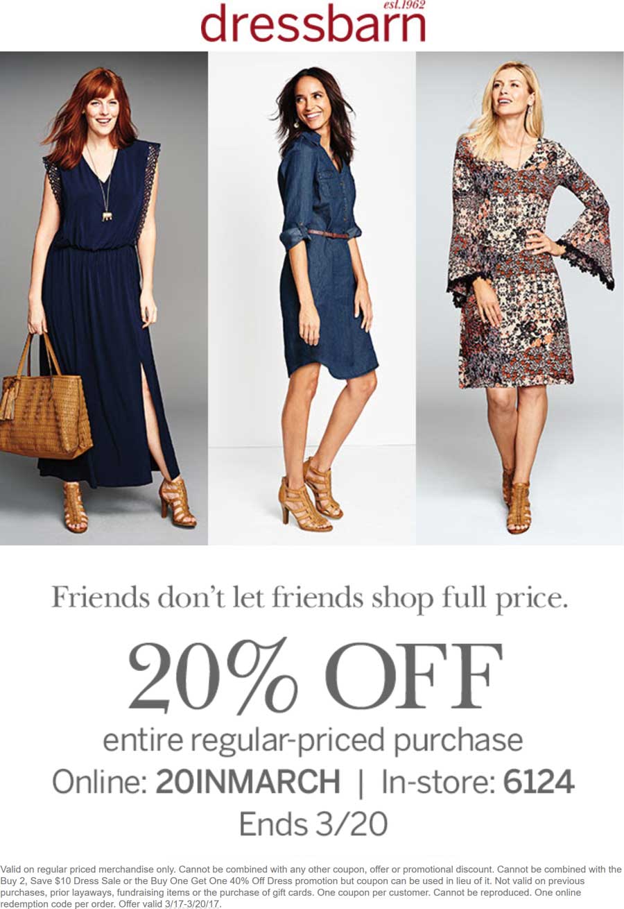 Dressbarn Coupon April 2024 20% off at Dressbarn, or online via promo code 20INMARCH