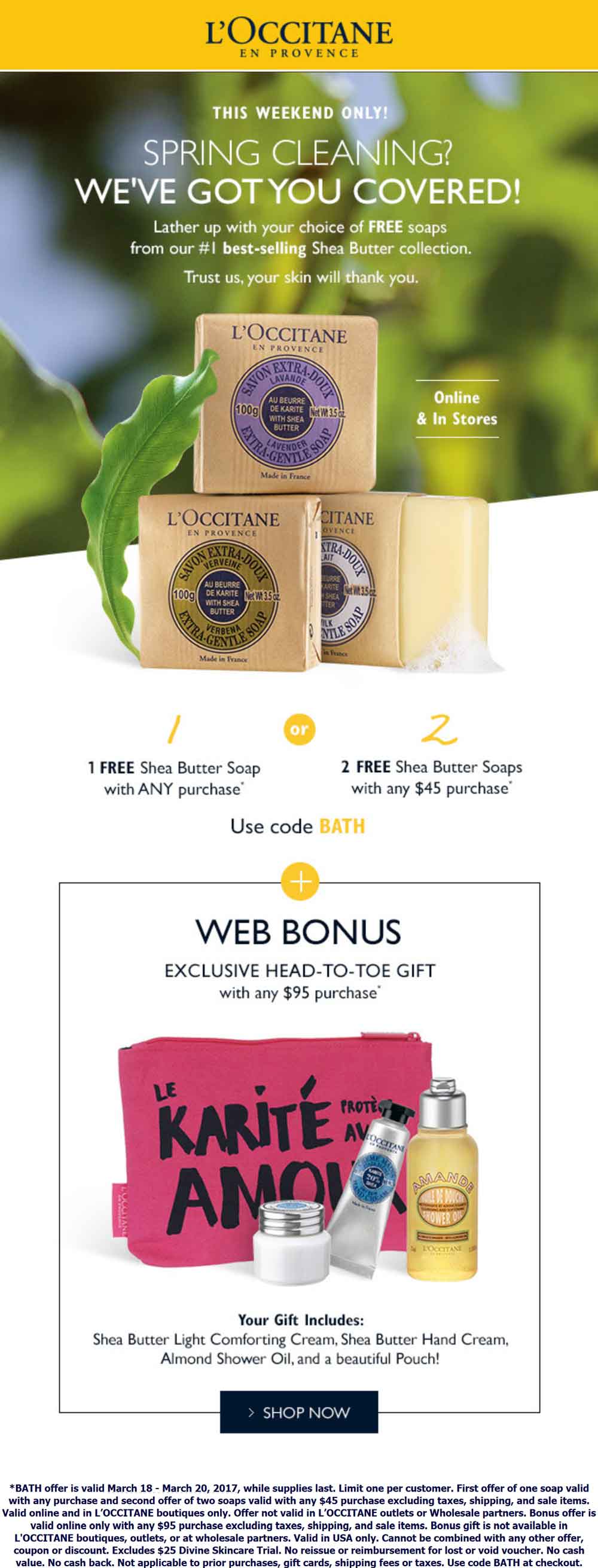 LOccitane Coupon April 2024 Free shea butter soap with any order at LOccitane, or online via promo code BATH