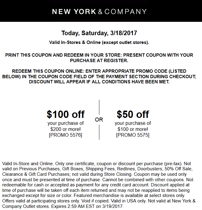 New York & Company Coupon April 2024 $50 off $100 & more at New York & Company, or online via promo code 5575
