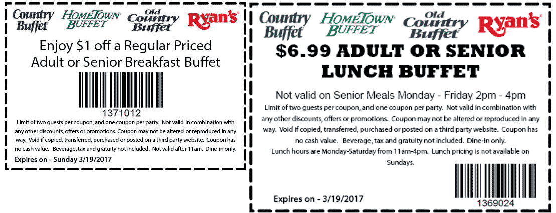 Hometown Buffet Coupon April 2024 $7 lunch buffet today at HomeTown Buffet, Ryans & Old Country Buffet