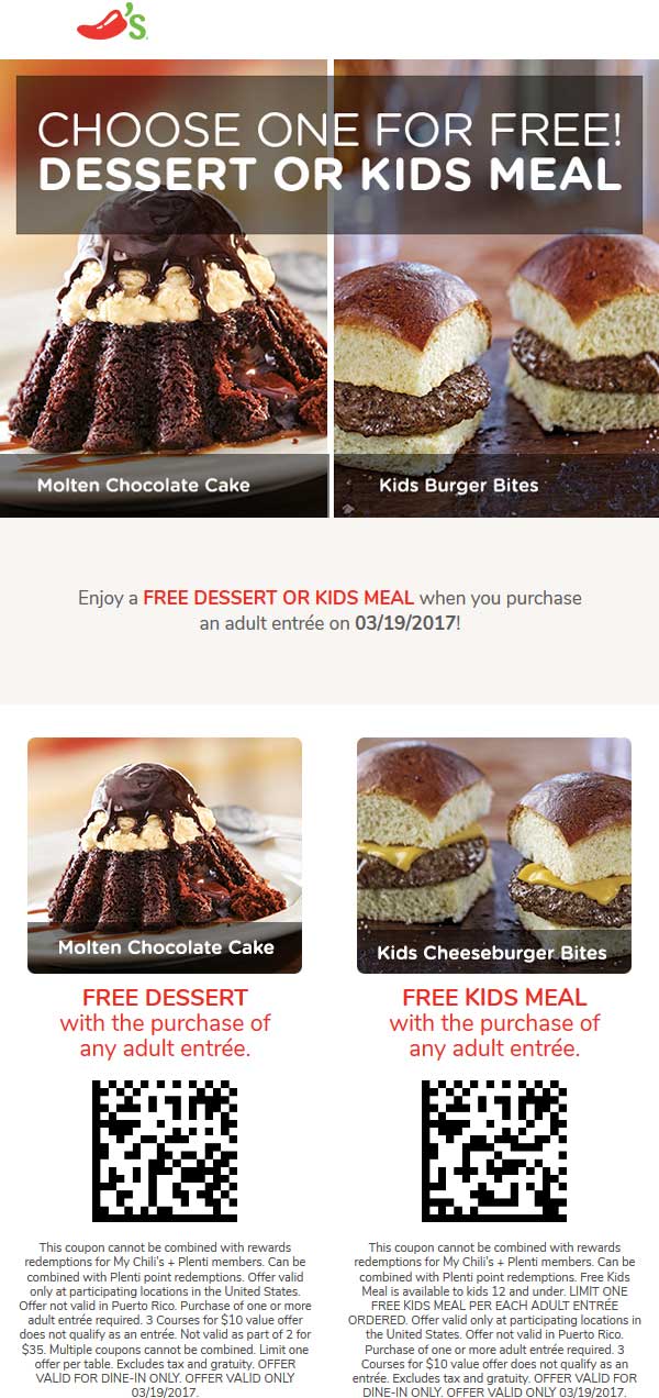 Chilis Coupon April 2024 Free dessert or kids meal with yours at Chilis
