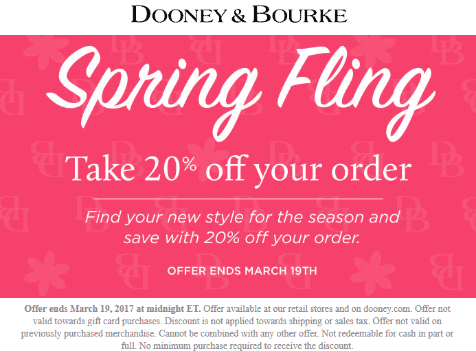 Dooney & Bourke Coupon April 2024 20% off today at Dooney & Bourke, ditto onine
