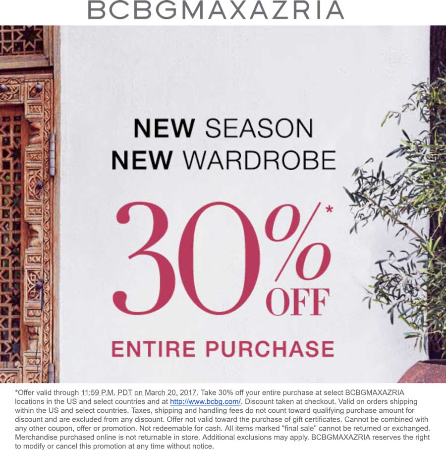 BCBGMAXAZRIA Coupon April 2024 30% off everything today at BCBGMAXAZRIA, ditto online