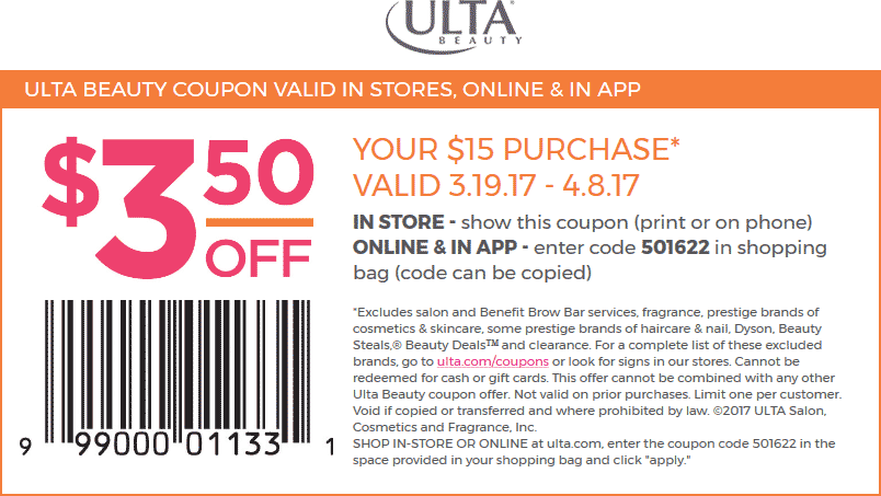 Ulta Beauty Coupon April 2024 $3 off $15 at Ulta Beauty, or online via promo code 501622