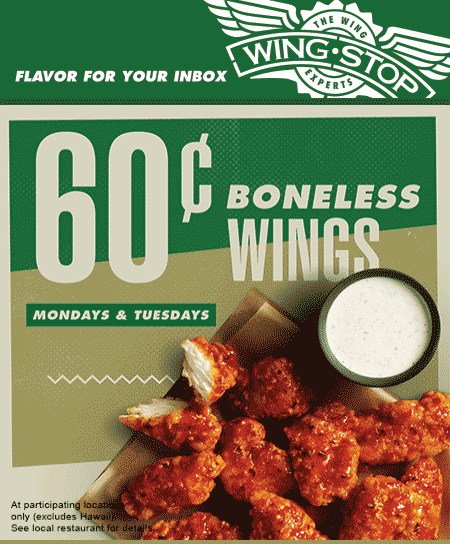 Wing Stop Coupon April 2024 .60 cent boneless wings Mon-Tues at Wing Stop restaurants