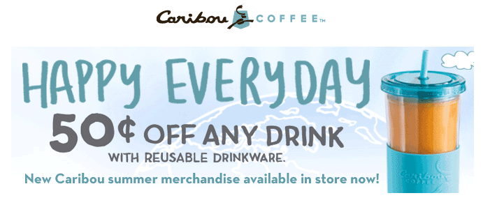 Caribou Coffee Coupon April 2024 .50 cents off drinks in reusable cups at Caribou Coffee