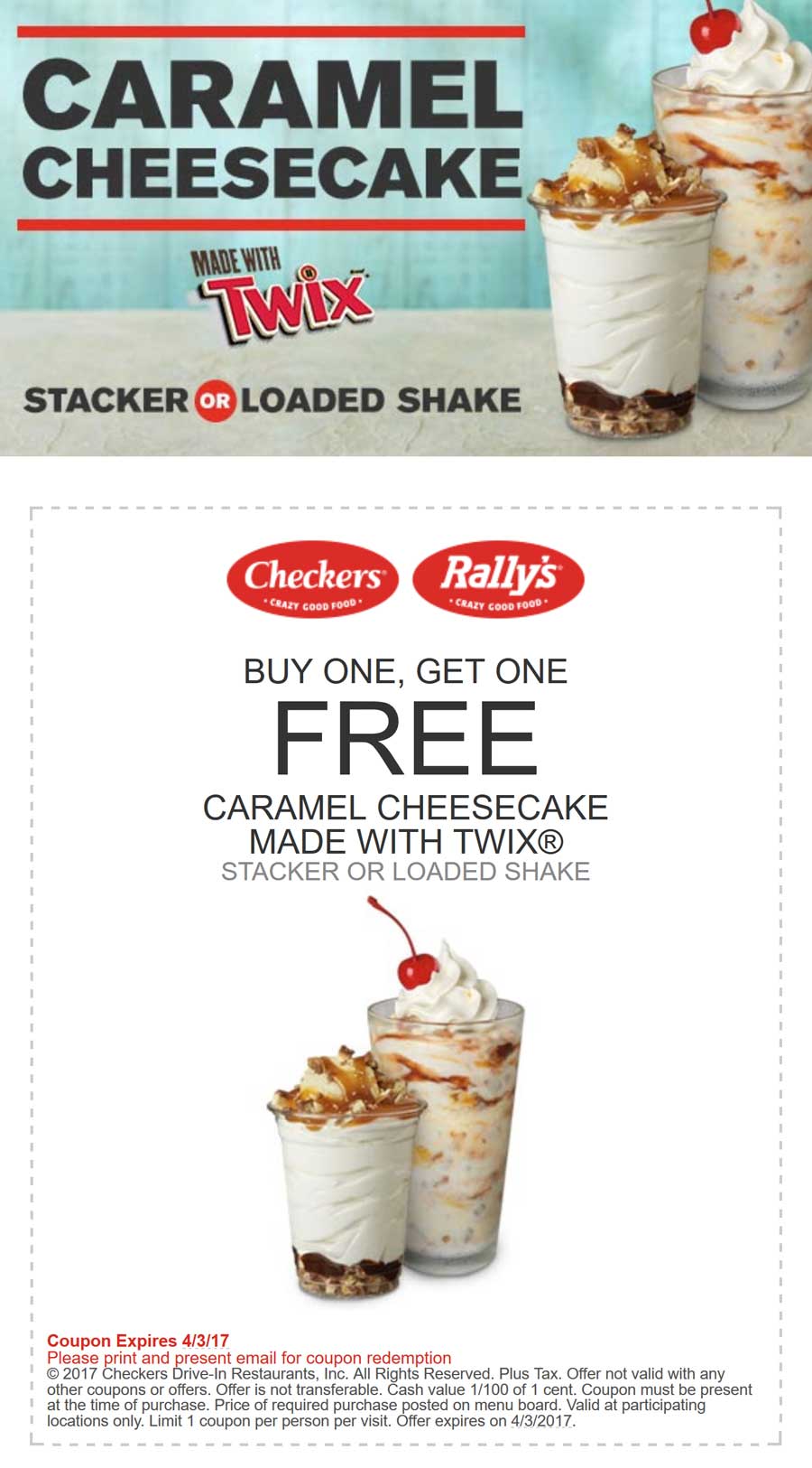 Checkers Coupon April 2024 Second caramel cheesecake shake free at Checkers & Rallys restaurants