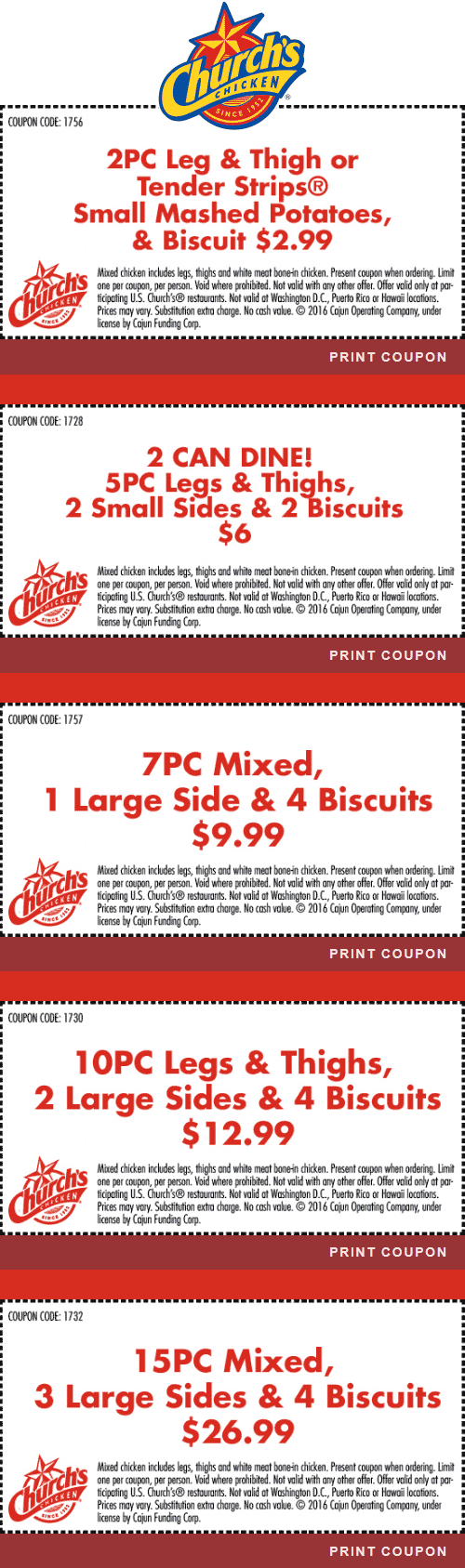 Churchs Chicken Coupon March 2024 5pc chicken + 2 sides + 2 biscuits = $6 & more at Churchs Chicken