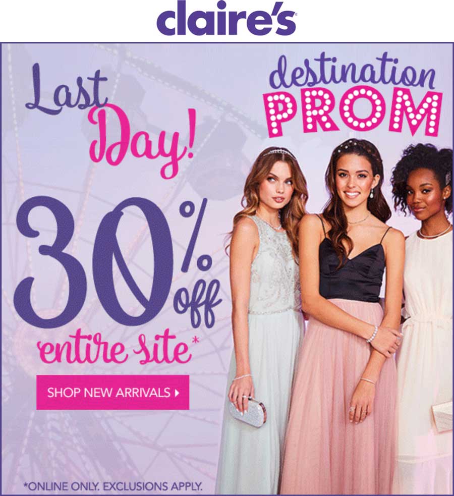Claires Coupon March 2024 30% off everything online today at Claires